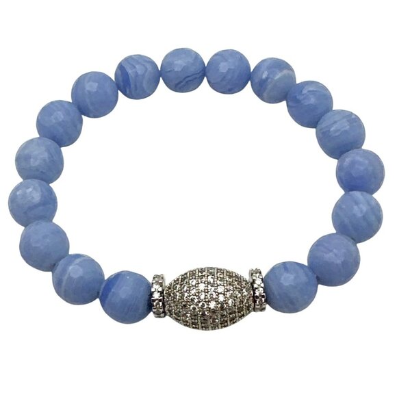 Whimsy Faceted Blue Lace Agate Beaded Stretch Bracelet Zircon Pave Oval Beads - Picture 1 of 7